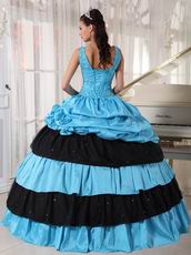 V Neckline Cheap Sky Blue Quinceanera Dress With Black