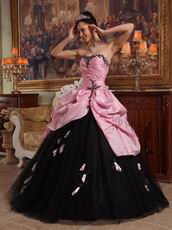 Pink Bodice Open Skirt with Black Applique Tulle Quinceanera Ceremony Wear