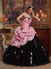 Pink Bodice Open Skirt with Black Applique Tulle Quinceanera Ceremony Wear