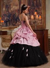 Pink Bodice Open Skirt with Black Applique Tulle Quinceanera Ceremony Wear