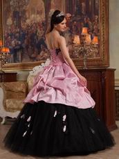 Pink Bodice Open Skirt with Black Applique Tulle Quinceanera Ceremony Wear