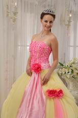 Strapless Daffodil Skirt Quinceanera Dress With Pink Flowers