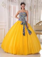 Printed Fabric Cheap Quinceanera Dress In Dark Yellow