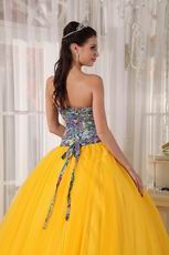 Printed Fabric Cheap Quinceanera Dress In Dark Yellow