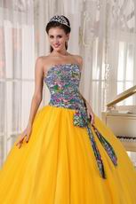 Printed Fabric Cheap Quinceanera Dress In Dark Yellow