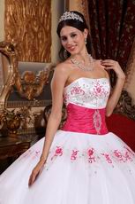 White Strapless Military Ball Dress With Fuchsia Emberllishmests