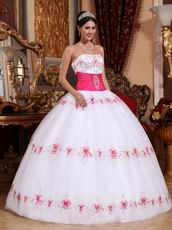 White Strapless Military Ball Dress With Fuchsia Emberllishmests