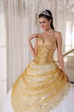 Spaghetti Straps White Skirt With Golden Sequin Sweet Sixteen Dress