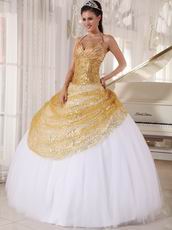 Spaghetti Straps White Skirt With Golden Sequin Sweet Sixteen Dress