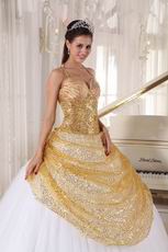 Spaghetti Straps White Skirt With Golden Sequin Sweet Sixteen Dress