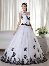 One Shoulder White Quince Dress With Black Leaves Decorate