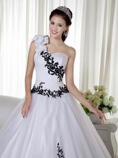 One Shoulder White Quince Dress With Black Leaves Decorate