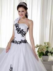 One Shoulder White Quince Dress With Black Leaves Decorate