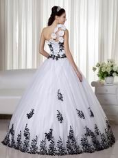 One Shoulder White Quince Dress With Black Leaves Decorate