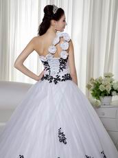 One Shoulder White Quince Dress With Black Leaves Decorate