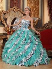 Turquoise And Porcelain Printed Cascade Quinceanera Dress