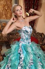 Turquoise And Porcelain Printed Cascade Quinceanera Dress