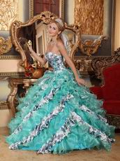 Turquoise And Porcelain Printed Cascade Quinceanera Dress