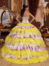 Sweetheart Bright Yellow And Printed Layers Quinceanera Dress