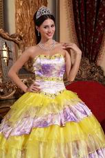 Sweetheart Bright Yellow And Printed Layers Quinceanera Dress