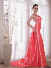 Cross Back Waltermelon Prom Party Dress With Watteau Train