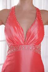 Cross Back Waltermelon Prom Party Dress With Watteau Train