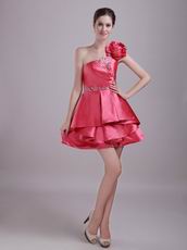 Designer Coral Red Short Prom Dress With One Shoulder Layers Skirt