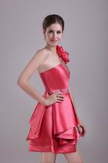 Designer Coral Red Short Prom Dress With One Shoulder Layers Skirt
