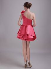 Designer Coral Red Short Prom Dress With One Shoulder Layers Skirt