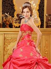 Coral Pink Girl Quinceanera Dress With Golden Applique