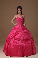 Halter Top Coral Red Puffy Quinceanera Dress Not Expensive