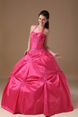 Halter Top Coral Red Puffy Quinceanera Dress Not Expensive