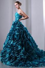 Gorgeous Teal Blue Taffeta Quinceanera Dress With Chapel Train