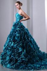 Gorgeous Teal Blue Taffeta Quinceanera Dress With Chapel Train