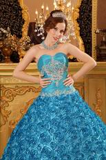 Teal Rolled Flowers Fabric Quinceanera Dress At Cheap Price