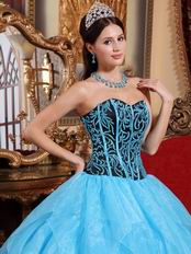 Pretty Aqua Cascade Skirt Embroidered Quinceanera Dress