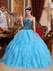 Pretty Aqua Cascade Skirt Embroidered Quinceanera Dress