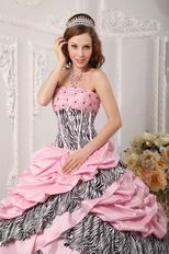 Romantic Pink Taffeta Quince Dress With Zebra Layers Skirt