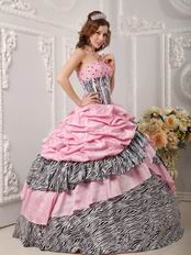 Romantic Pink Taffeta Quince Dress With Zebra Layers Skirt