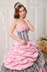 Romantic Pink Taffeta Quince Dress With Zebra Layers Skirt