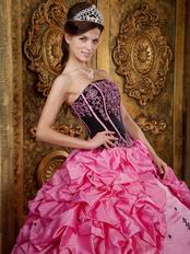 Strapless Hot Pink Quinceanera Dress With Black Embroidery