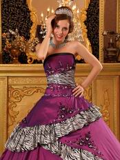 Dark Magenta And Printed Zebra Layers Skirt Quinceanera Gown