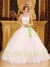 White Quinceanera Dress With Spring Green Embroidery