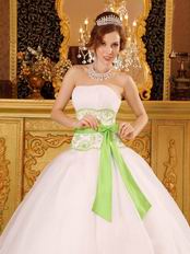 White Quinceanera Dress With Spring Green Embroidery