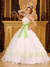 White Quinceanera Dress With Spring Green Embroidery