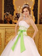 White Quinceanera Dress With Spring Green Embroidery