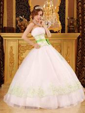 White Quinceanera Dress With Spring Green Embroidery