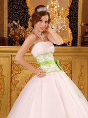 White Quinceanera Dress With Spring Green Embroidery