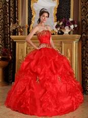 Scarlet Quinceanera Dress Customized With Gold Applique