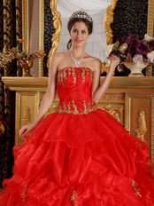 Scarlet Quinceanera Dress Customized With Gold Applique